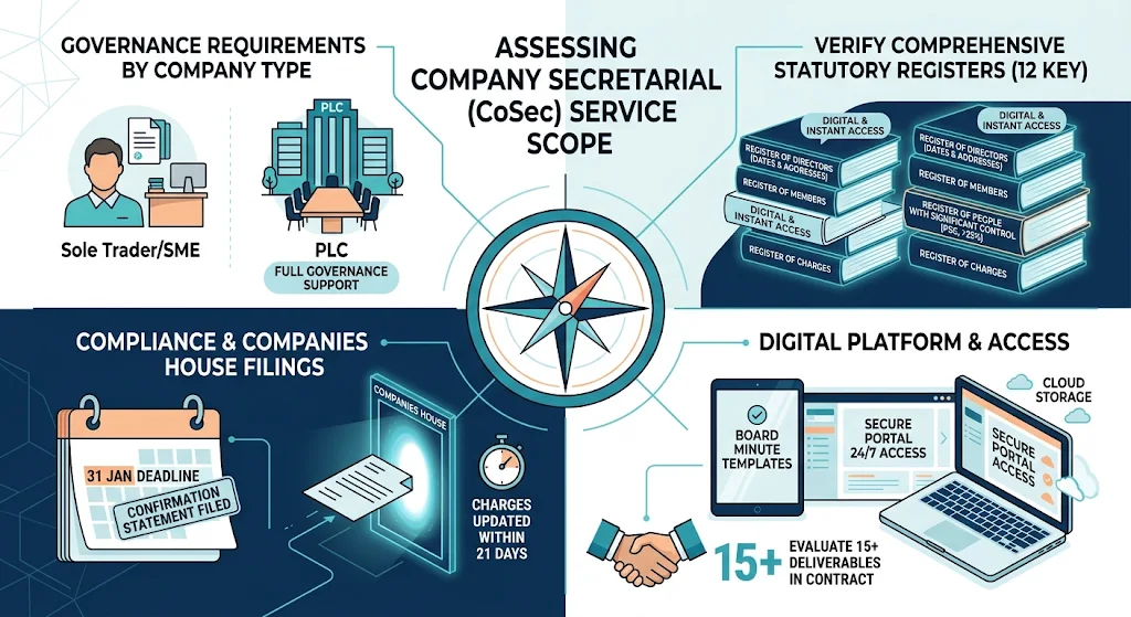 What Red Flags Signal Poor Company Secretarial Providers?

Red flags include no accreditation, per-query pricing over £100, response times exceeding 24 hours, and unverified compliance claims below 95%.

Lack of ICAEW badges indicates gaps. Unqualified staff risk errors.

High per-task fees exceed £150. They inflate costs 3x.

Slow responses miss 14-day deadlines. Fines follow immediately.

Vague claims lack proof. Demand filing stats.

Exit if contracts hide termination fees. Reliable providers offer 30-day outs.