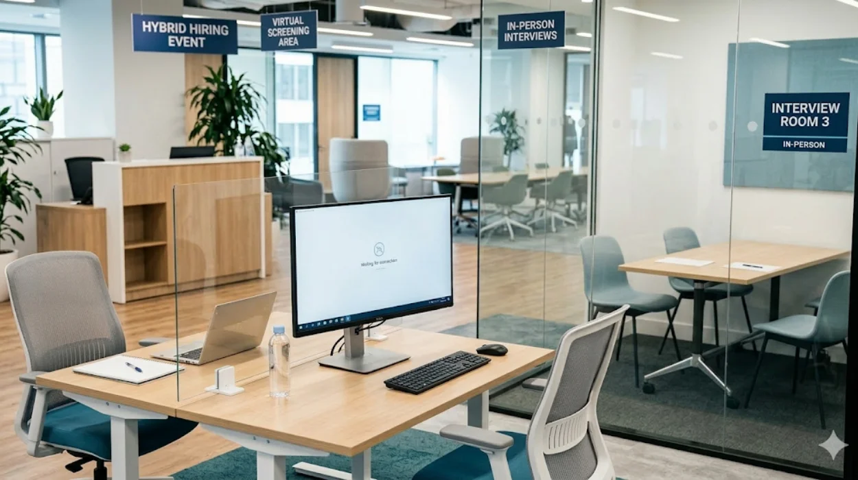 Hybrid Hiring Combining Virtual Screening with In-Person Rooms