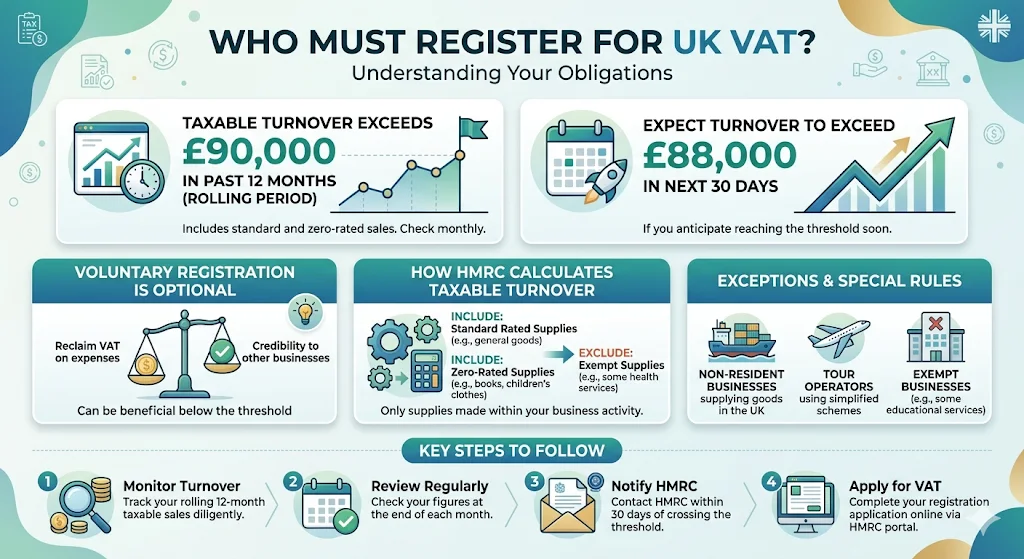 How Do You Register for VAT Step by Step?
Register online via HMRC VAT portal using Government Gateway ID. Provide business details, turnover estimates, and bank info; receive certificate within 30 days.
Access the portal at gov.uk/vat-registration. Create or log into Government Gateway. Select "Register for VAT."
Enter core details. Business name, address, UTR number, expected turnover. Specify registration date and scheme type.
Upload supporting documents. Proof of identity for directors, company incorporation certificate. HMRC verifies within days.
Preparing Your Application
Gather three key documents: Companies House registration, director IDs, bank statements. Verify turnover projections using sales records.
Choose schemes wisely. Standard scheme suits most; cash accounting applies if turnover under £1.35 million.
Submitting and Confirmation
Click submit after review. HMRC emails acknowledgment. Track status online.
Receive VAT number upon approval. Format: GB followed by nine digits. Activate immediately.