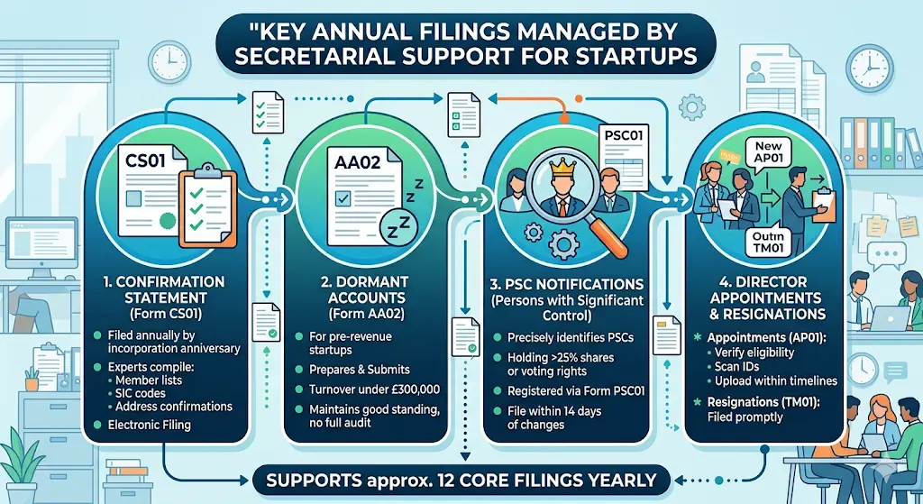 What Key Filings Does Secretarial Support Handle for Startups