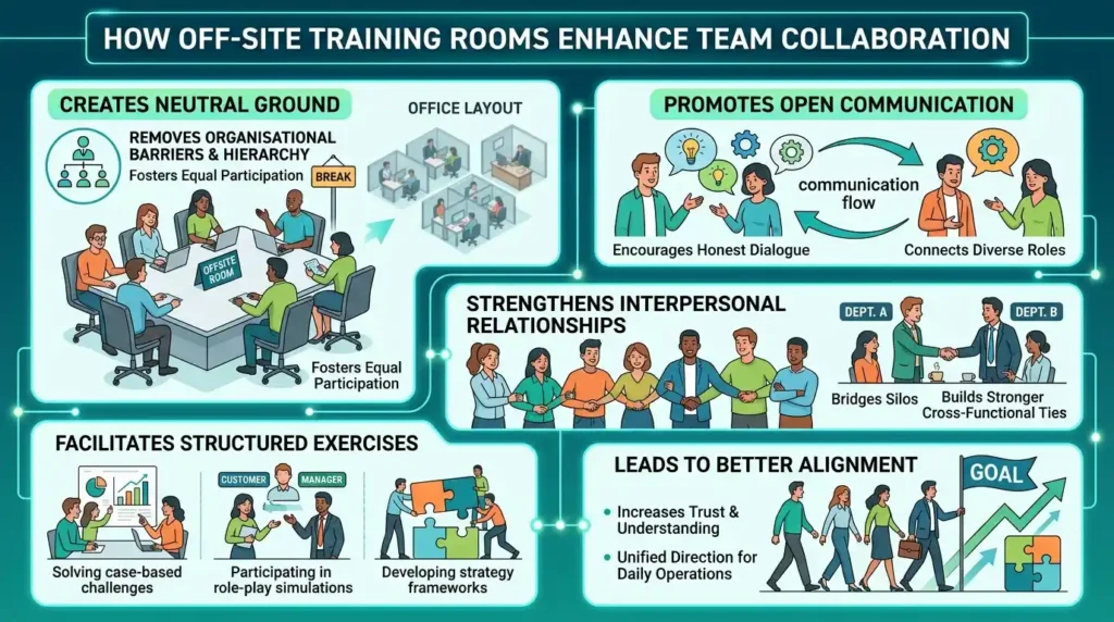 How do off-site training rooms enhance team collaboration