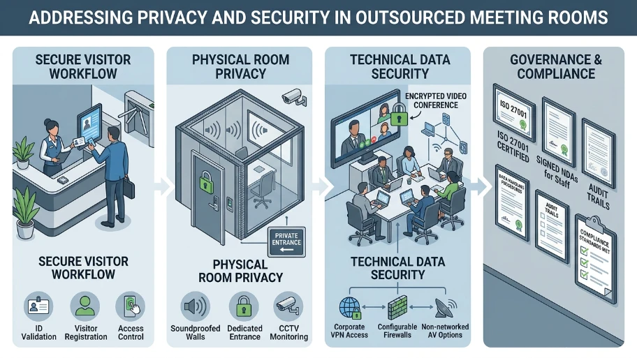 How do outsourced meeting rooms address privacy and security requirements