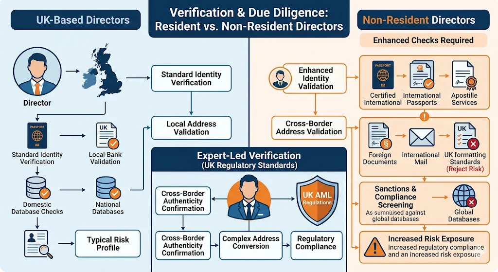 How do verification and due diligence processes differ for non-resident directors