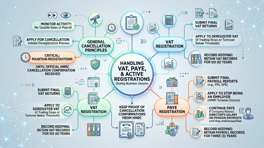 How do you handle VAT, PAYE, and other active registrations