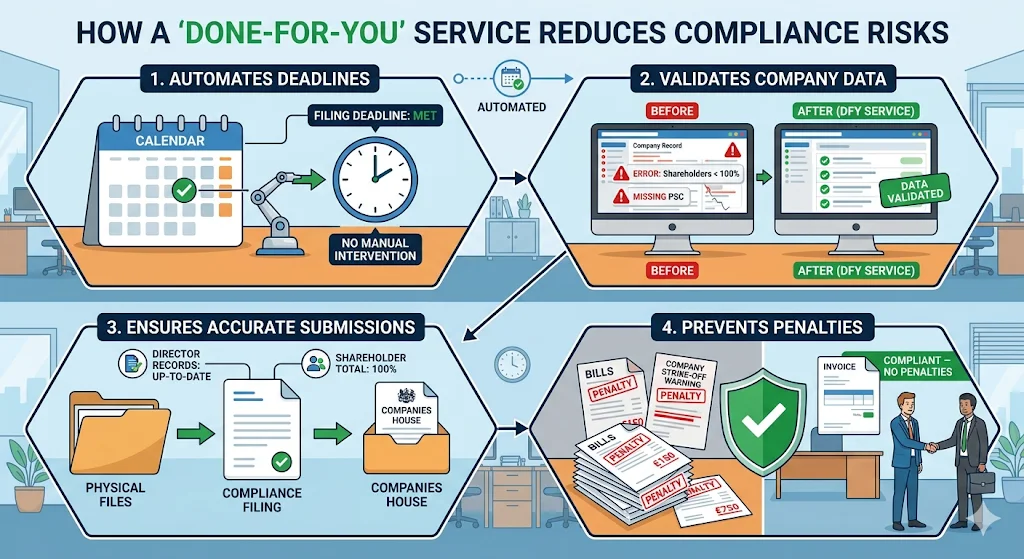 How does a done-for-you service reduce compliance risks
