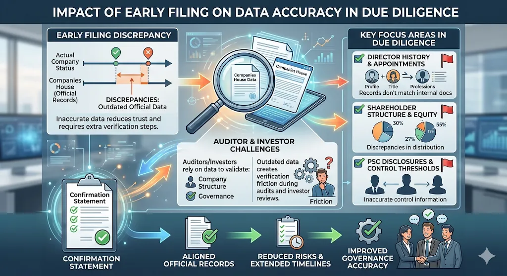How does early filing impact data accuracy during audits or due diligence