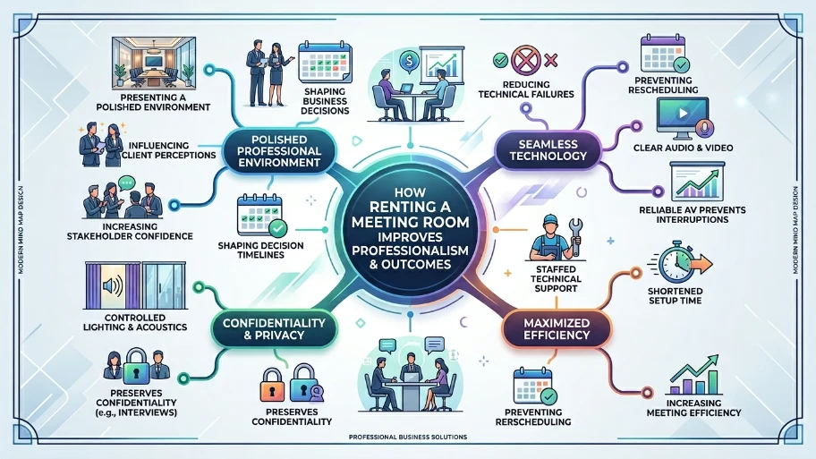 How does renting a meeting room improve professionalism and outcomes