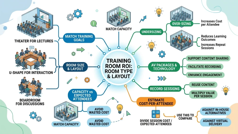 How does the room type and layout affect ROI for training rooms