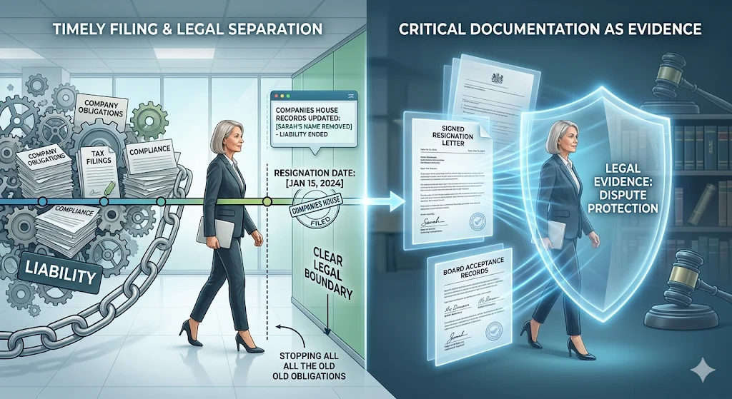 How does the service protect the outgoing director from liability