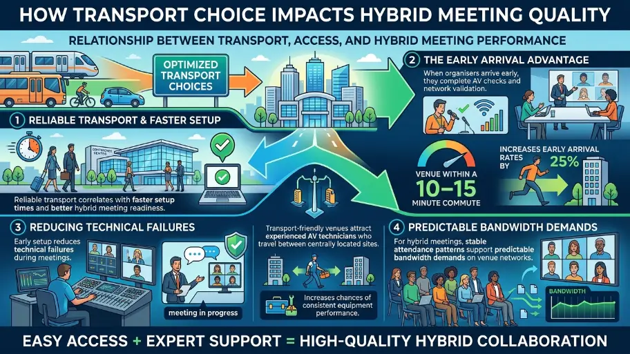 How does transport choice impact hybrid meeting quality