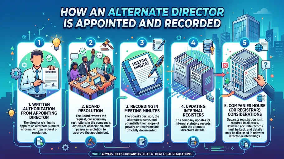 How is an alternate director appointed and recorded