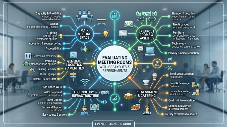 How should event planners evaluate meeting rooms with refreshment and breakout features