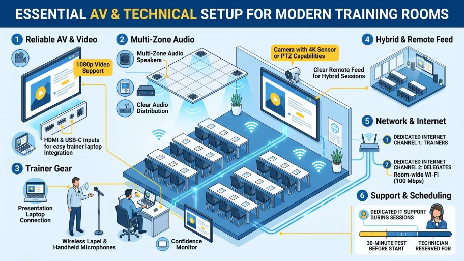 What AV and technical setup is essential for modern training rooms