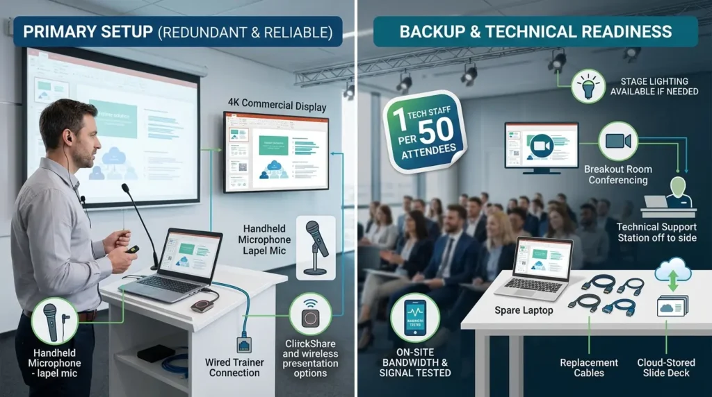 What AV and technical specifications ensure smooth training delivery