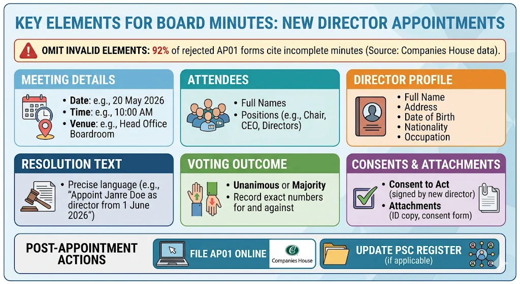 What Key Elements Must Board Minutes Include for New Director Appointments