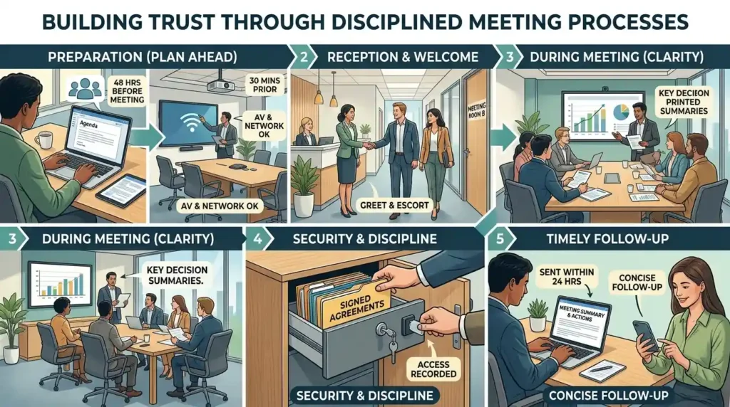 What are practical steps to use meeting rooms to build trust
