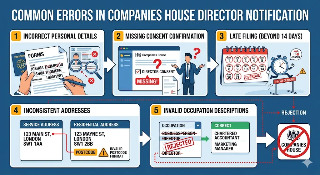 What are the common errors when notifying Companies House about new directors