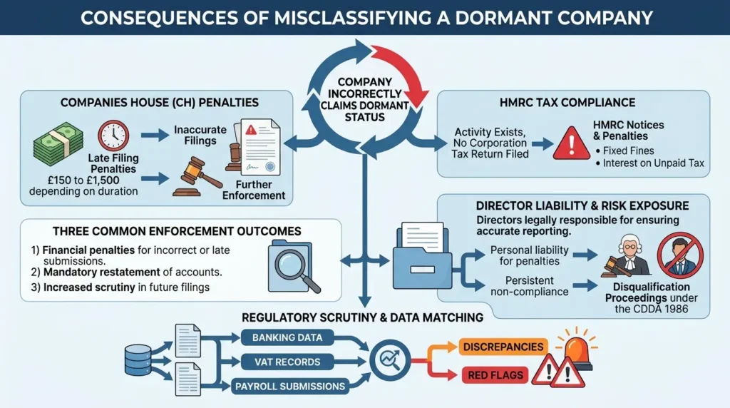 What are the legal consequences of misclassifying a company as dormant
