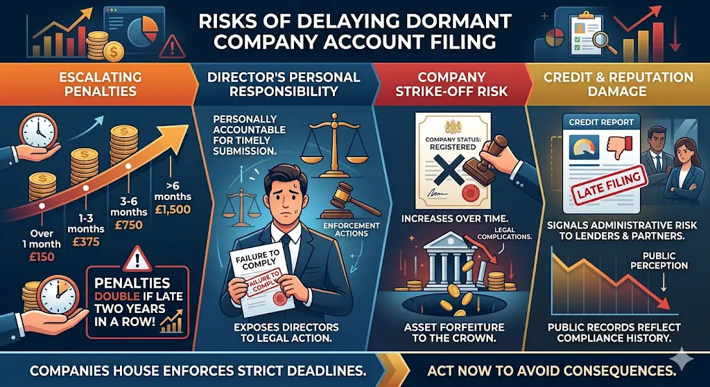 What are the risks of delaying dormant company account filing