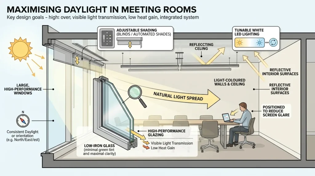 What design features maximise daylight benefits in meeting rooms
