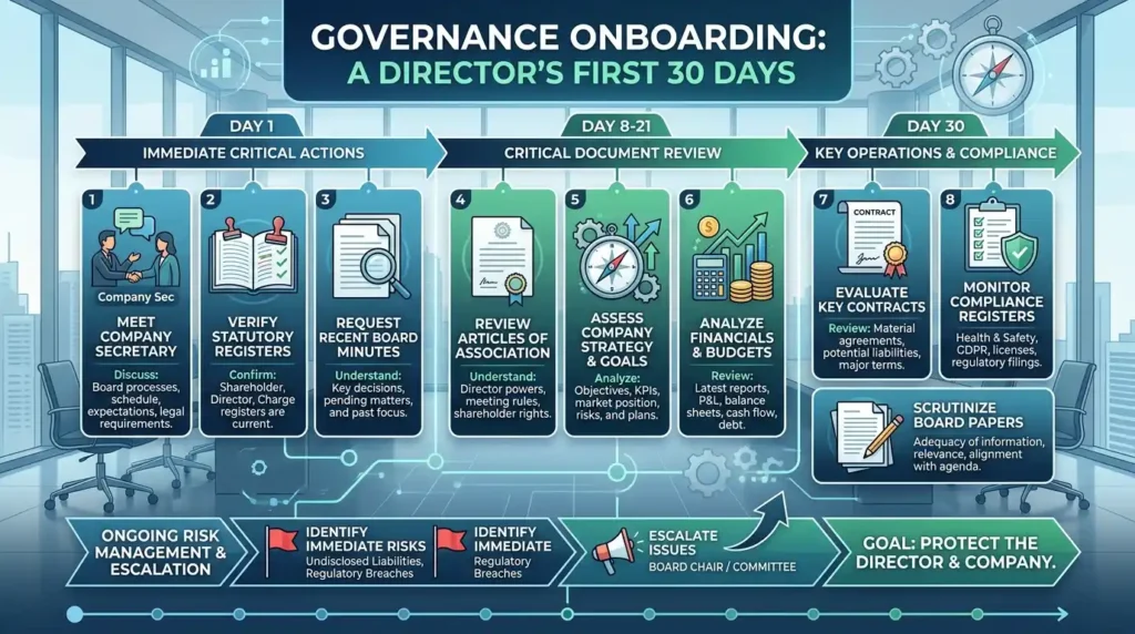 What governance steps should a director take in their first 30 days