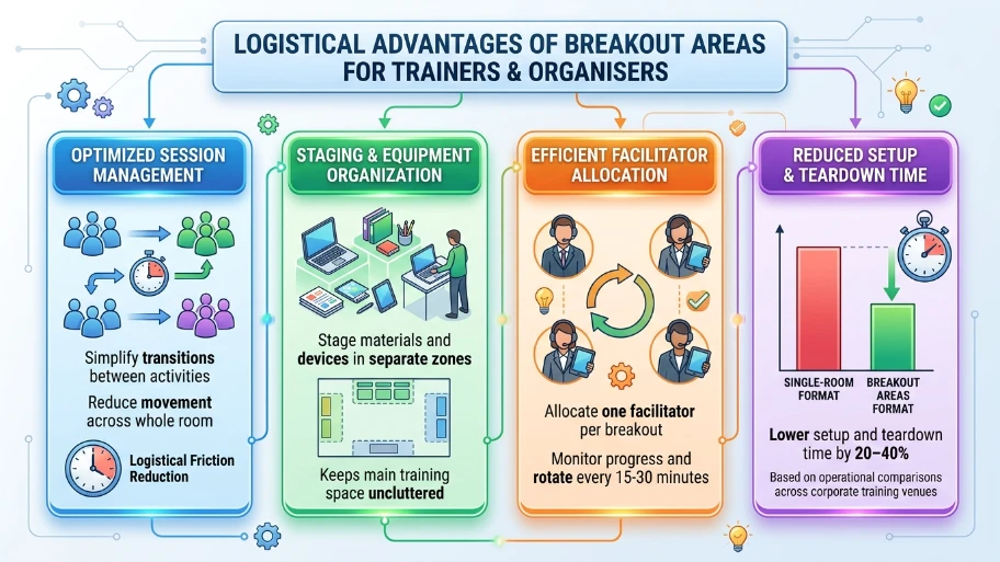 What logistical advantages do breakout areas provide for trainers and organisers