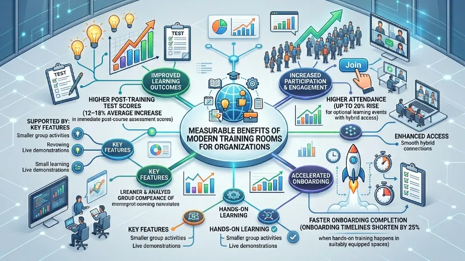 What measurable benefits do organisations see after using modern training rooms