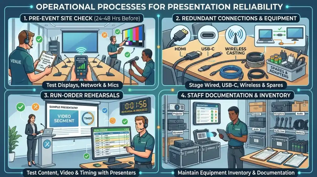 What operational processes improve presentation reliability in these rooms