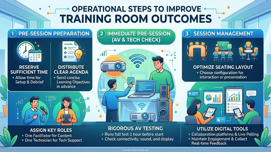 What operational steps improve outcomes when using a training room