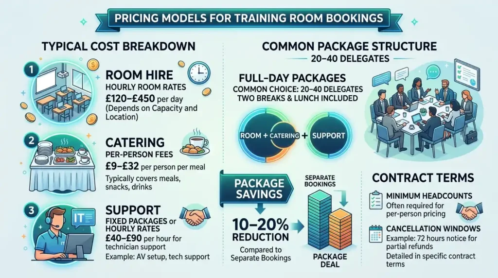 What pricing models apply to training room bookings with catering and support