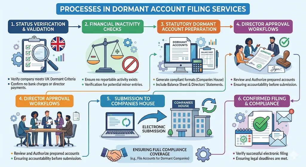 What processes are included in dormant account filing services