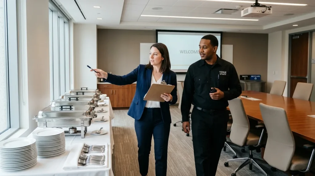 What processes ensure smooth catering delivery in meeting rooms