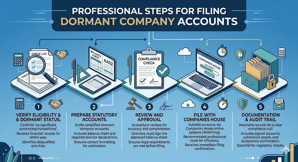 What steps are involved in filing dormant company accounts professionally