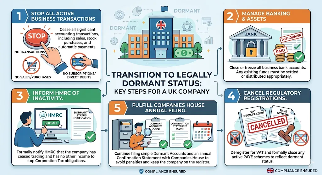 What steps are required to transition to dormant status legally