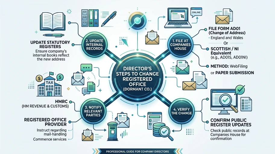 What steps should a director take to set or change a registered office for a dormant company