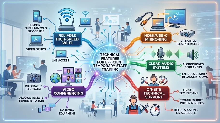 What technical features matter most for efficient temporary-staff training