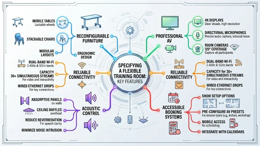 Which features matter most when specifying a flexible training room
