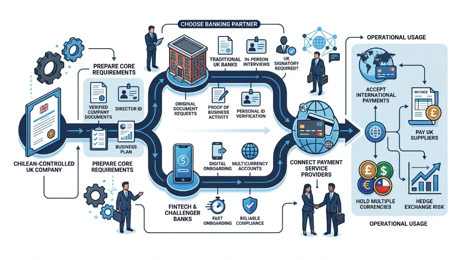 How do UK bank accounts and payment processing work for Chilean-controlled companies