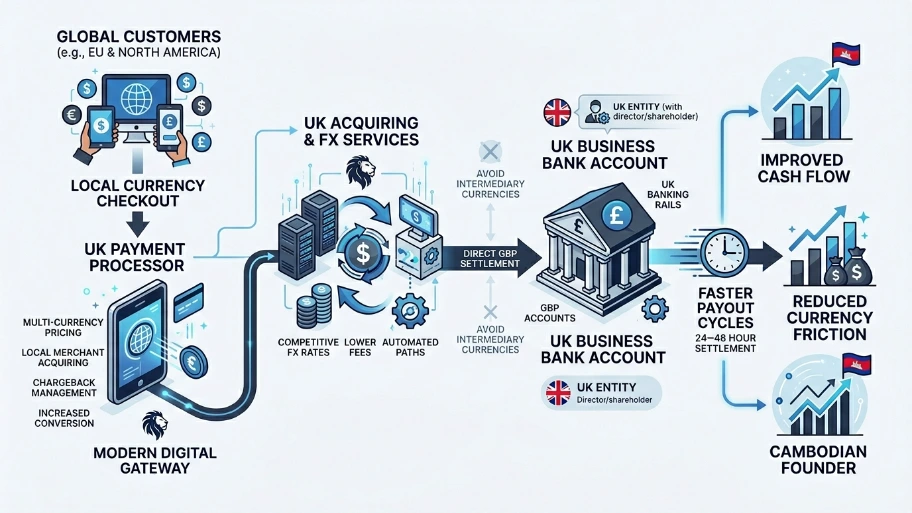 How do UK bank accounts and payment processors improve payouts and FX for Cambodian founders
