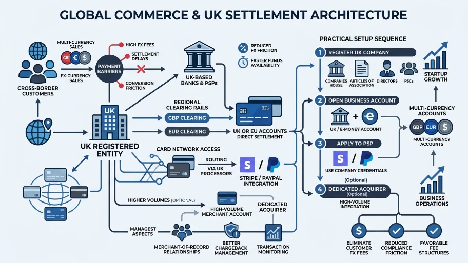 How do UK companies improve access to multi-currency settlement and card processing