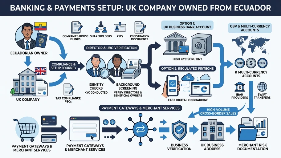 How do banking and payments work for a UK company owned from Ecuador