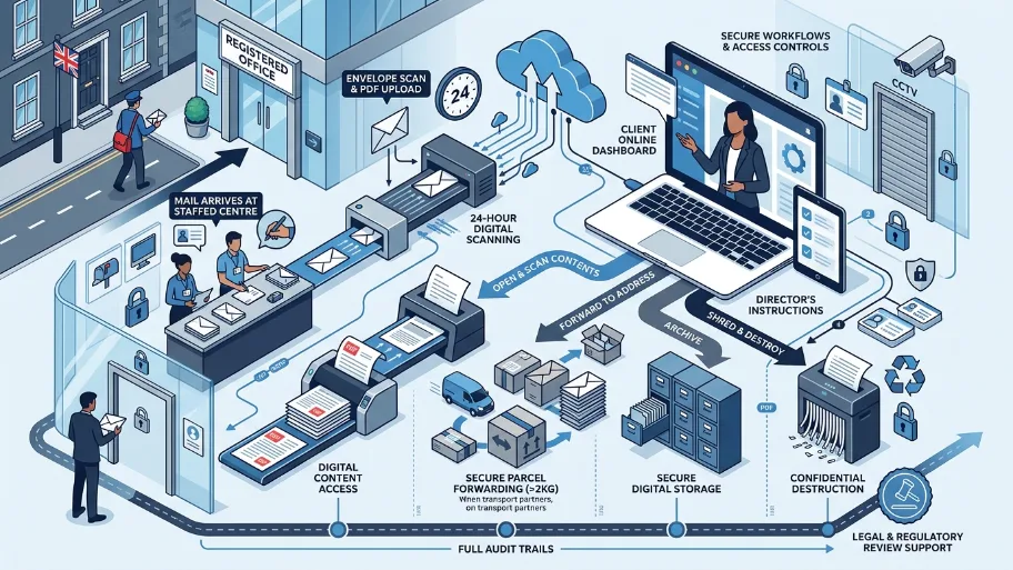 How do mail handling and security work with a virtual office
