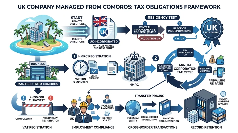 How do tax obligations work for a UK company controlled from Comoros