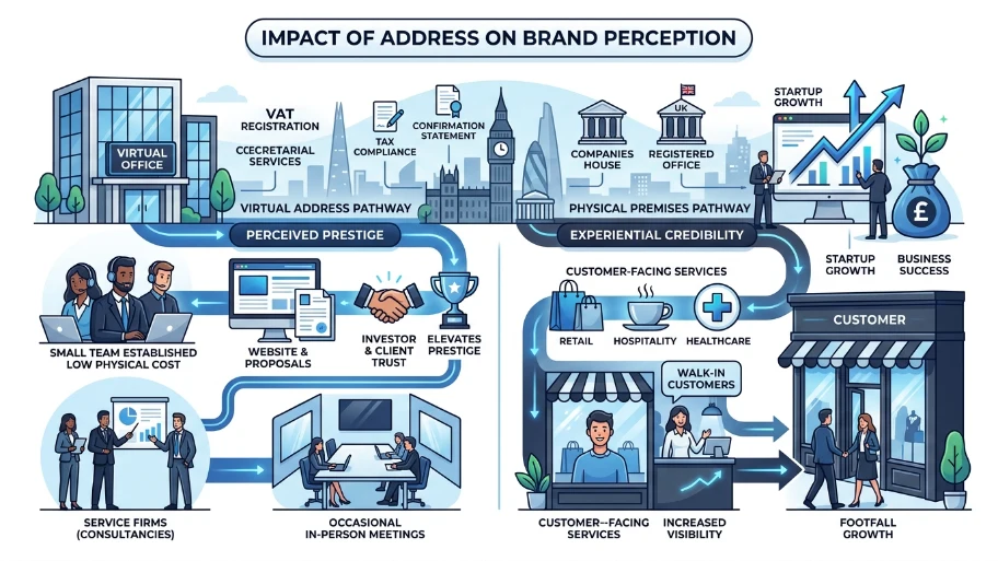 How do virtual and physical addresses impact brand perception