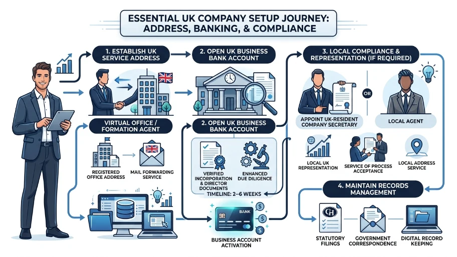 How do you set up a UK business address, bank account, and local compliance