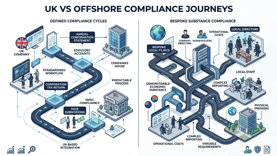 How does compliance differ between UK and offshore setups