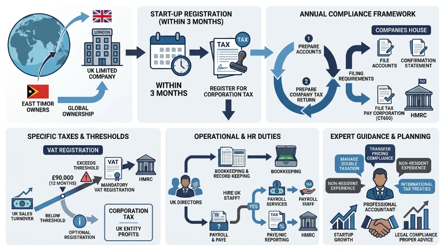 How does tax registration and compliance work for a UK company owned in East Timor