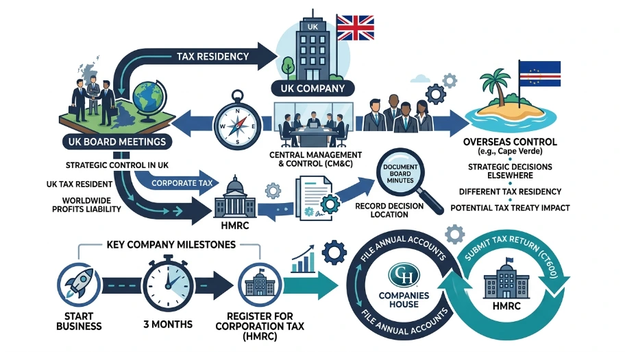 How does tax residency and filing work for a UK company