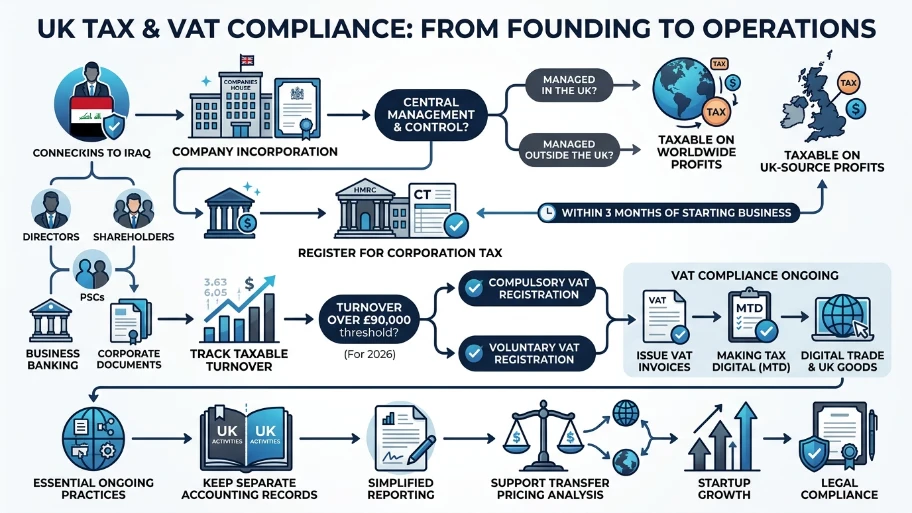 How does taxation and VAT registration work for a UK company from Iraq