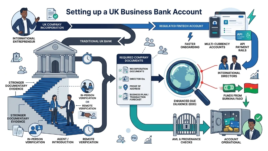 How does the banking and payment setup work in Burkina Faso